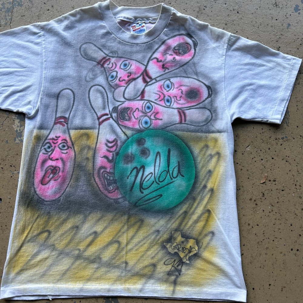 Early 90s Vintage Hanes Airbrush Bowling T Shirt Nite Owls Texas Single Stitch